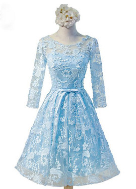 Shop Cheap Lace Jewel Blue Short A-line Homecoming Dress With Bowknot