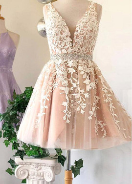 Cheap Beading Champagne Tulle V-neck Rhinestones Short A-line Homecoming Dress
