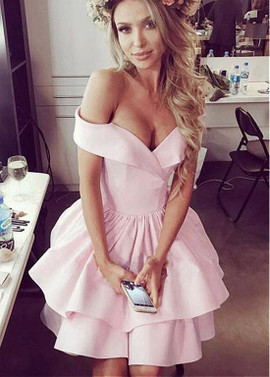 Shop Cheap Satin Off-the-shoulder Pink Short A-line Homecoming Dress