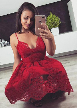 Shop Cheap Mini Tulle Spaghetti Straps Red Short A-line Homecoming Dress