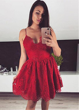 Shop Cheap Mini Tulle Spaghetti Straps Red Short A-line Homecoming Dress