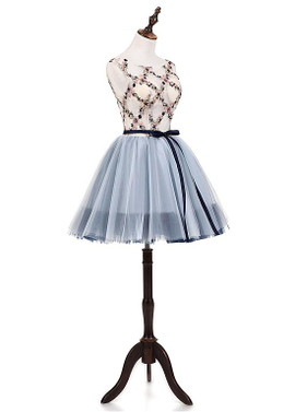 Shop Cheap Tulle Scoop Blue Short Ball Gown Homecoming Dress With Belt Under 100