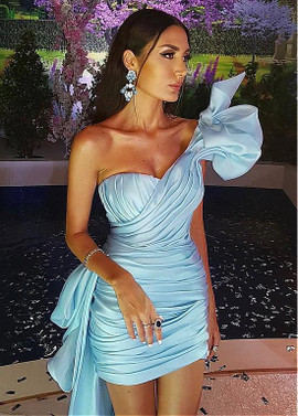 Shop Cheap High Low Satin One Shoulder Blue Short Sheath Column Cocktail Dress