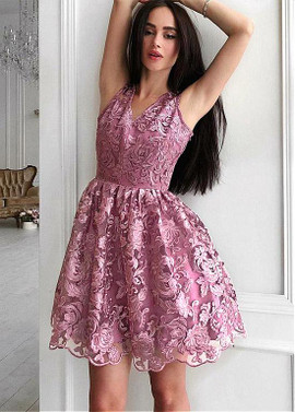 Shop Cheap Lace Tulle V-neck Lilac Short A-line Homecoming Dress