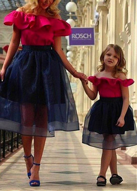 Shop Cheap Satin Off-the-shoulder  Ruffles Tea-length A-line Mother and Daughter Dress