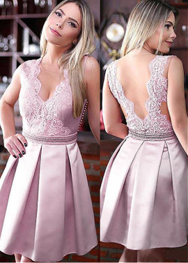 Shop Cheap Satin V-neck Pink Short Homecoming Dress With Lace Appliques