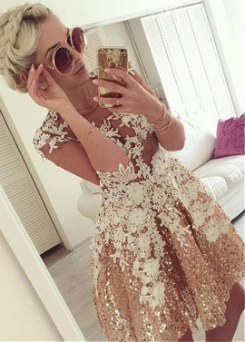 Shop Cheap Sequin Lace Jewel Champagne Half Sleeves Short A-line Homecoming Dress 