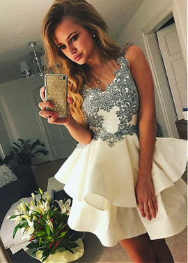 Shop Cheap Satin Lace Appliques Jewel White Short A-line Homecoming Dress