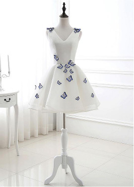 Shop Cheap White Tulle V-neck Embroidery Butterfly Short Length A-line Homecoming dress Under 100