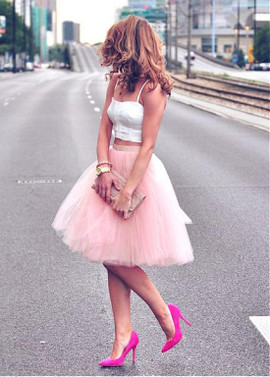 Shop Cheap Tulle Spaghetti Straps Pink Two-piece Ball Gown Homecoming Dress Under 100