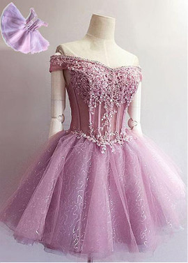 Shop Cheap Tulle Off-the-shoulder Lilac Ball Gown Short Homecoming Dress