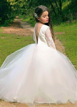 Shop Cheap Long Sleeve White Tulle Jewel Ball Gown Flower Girl Dress Under 80