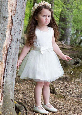 Shop Cheap Tulle & Satin Jewel White A-line Flower Girl Dresses With Bowknot