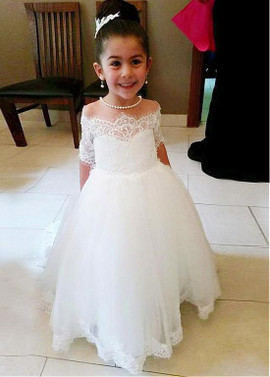 Shop Cheap Tulle Off-the-shoulder White Ball Gown Flower Girl Dress With Lace Appliques
