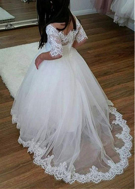 Shop Cheap Tulle Off-the-shoulder White Ball Gown Flower Girl Dress With Lace Appliques
