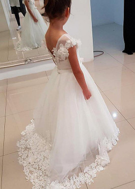 Shop Cheap Appliques Tulle Jewel White A-line Flower Girl Dresses With Belt