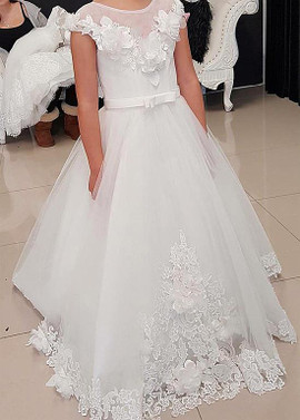 Shop Cheap Appliques Tulle Jewel White A-line Flower Girl Dresses With Belt