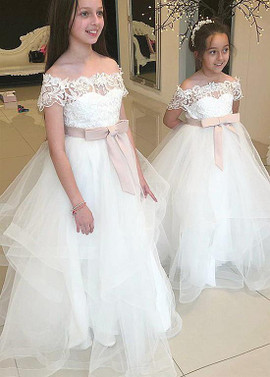 Shop Cheap Tulle Off-the-shoulder Appliques Ball Gown Flower Girl Dress With Belt