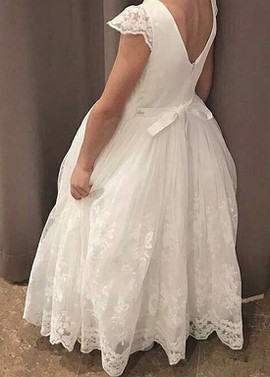 Shop Cheap White Cap Sleeve Satin Jewel A-line Flower Girl Dress under 80
