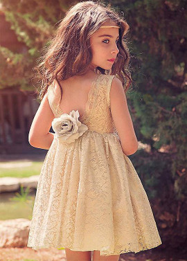 Shop Cheap Lace Jewel Yellow A-line Flower Girl Dress With Handmade Flower under 80