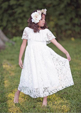 Shop Cheap White Lace Jewel Short Sleeve long  A-line Flower Girl Dress