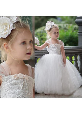 Shop Cheap White Tulle Square Ball Gown Flower Girl Dress With Handmade Flower