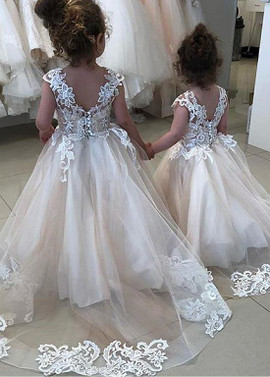 Shop Cheap Tulle Jewel White Ball Gown Flower Girl Dress With Lace Appliques