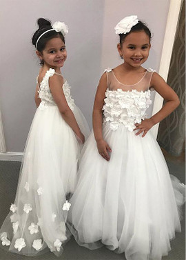 Shop Cheap Tulle Jewel White A-line Flower Girl Dresses With Beaded Handmade Flowers 