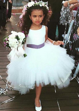 Shop Cheap Satin Scoop White Ball Gown Flower Girl Dresses With Belt
