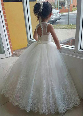 Shop Cheap Beading Lace Up Lace Jewel White Ball Gown Flower Girl Dress