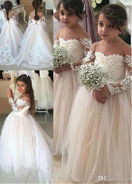 Shop Cheap Tulle Jewel Long Sleeves Floor-length Ball Gown Flower Girl Dress