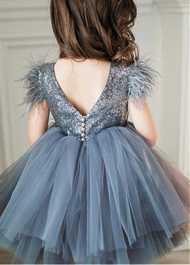 Shop Cheap Sequin Lace & Tulle Jewel Silver Knee-length Ball Gown Flower Girl Dress With Feather 