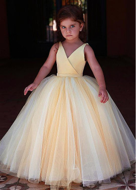 Shop Cheap Satin & Tulle V-neck Yellow Floor-length Ball Gown Flower Girl Dresses With Belt