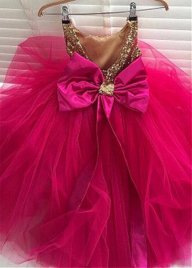 Shop Cheap Sequin Lace & Tulle Jewel Fuchsia A-line Flower Girl Dresses With Bowknot
