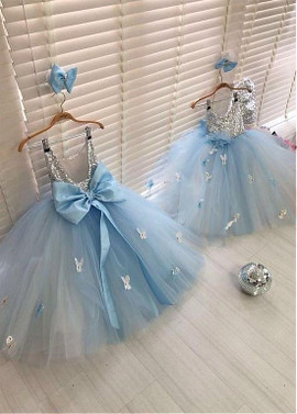 Shop Cheap Bowknot Sequin Lace & Tulle Scoop Blue Ball Gown Flower Girl Dress