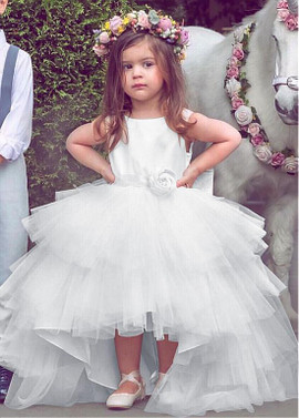 Shop Cheap Tulle Jewel White Handmade Flowers Hi-lo Ball Gown Flower Girl Dress