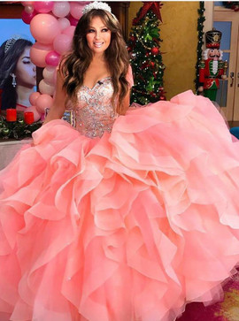 Shop Cheap Tiered Pink Tulle Ball Gown Sweetheart Quiceanera Dress with Beading