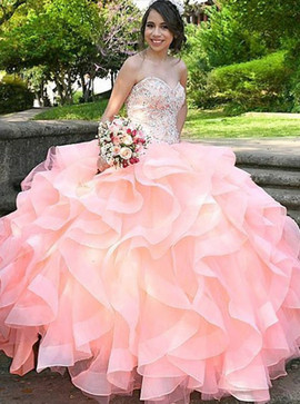 Shop Cheap Tiered Pink Tulle Ball Gown Sweetheart Quiceanera Dress with Beading