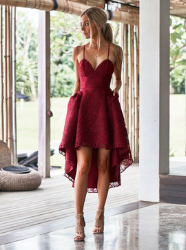  Red Lace Spaghetti Straps High Low Bridesmaid Dress with Pockets