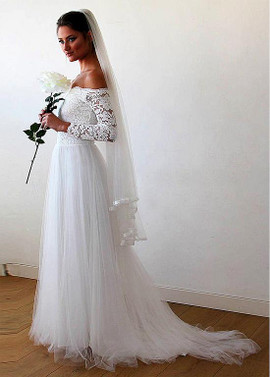 Shop Cheap Long Sleeves Lace Off The Shoulder A-line Wedding Dress