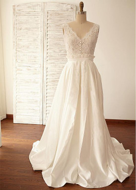 Shop Cheap Satin V-neck Appliques Floor-length A-line Wedding Dress