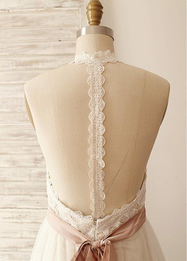 Shop Cheap Tulle Halter Belt A-line Wedding Dress With Lace