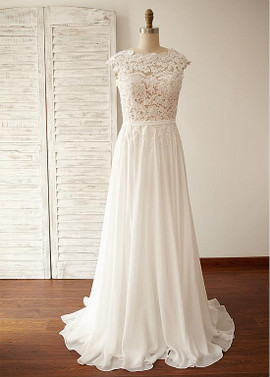 Shop Cheap  Tulle Scoop Cheap Floor-length A-line Wedding Dresses With Lace Appliques