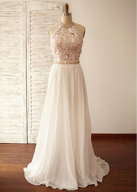 Shop Cheap Chiffon Halter Beach A-line Wedding Dress With Lace & Beadings