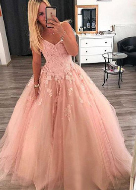 Shop Cheap Pink Tulle Sweetheart Lace Appliques Ball Gown Quinceanera Dress