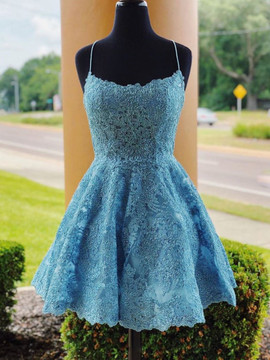 Shop Cheap Lace Blue Short A Line Backless Prom Dresses Homecoming Dress