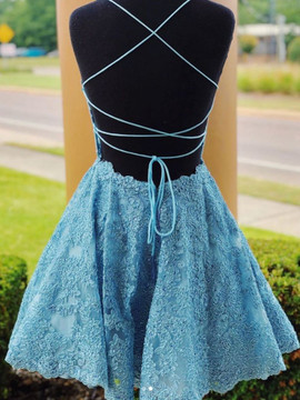 Shop Cheap Lace Blue Short A Line Backless Prom Dresses Homecoming Dress