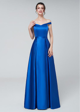 Shop Cheap Blue  Satin Off The Shoulder Long  A-line Prom Dress under 100