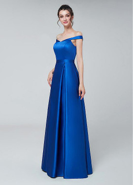 Shop Cheap Blue  Satin Off The Shoulder Long  A-line Prom Dress under 100