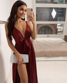 Shop Sexy Satin Spaghetti Straps A-Line Burgundy Prom Dress With Side Split Under 100